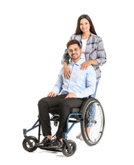 Fototapeta na wymiar Young businessman in wheelchair and with wife on white background