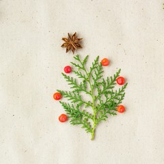 Christmas tree made of thuja branches and decorations star of anise and ashberry on rustic background.