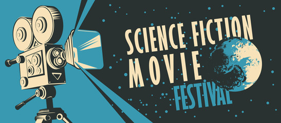 Vector poster for fiction movie festival with old fashioned movie camera and moon on the staryy sky. Suitable for poster, flyer, billboard, web design, ticket, advertising
