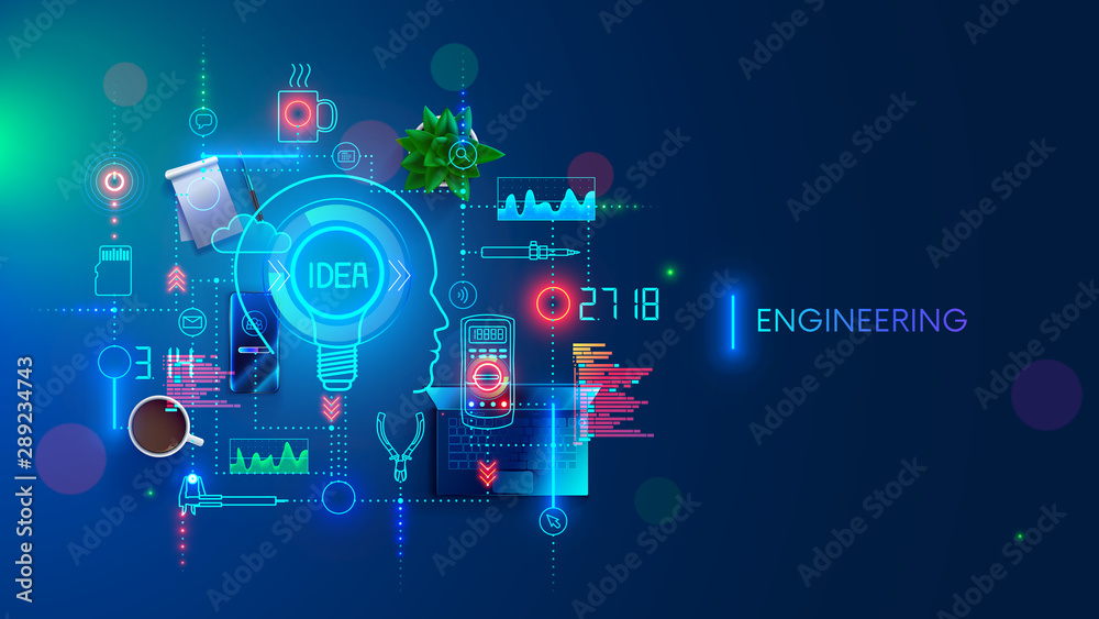 Poster Engineering idea concept. Electronic devices development. Technology creation and design industrial sample. Engineer invents, devises technician solution. Equipments, tools of developer. Banner.