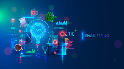 Engineering idea concept. Electronic devices development. Technology creation and design industrial sample. Engineer invents, devises technician solution. Equipments, tools of developer. Banner.