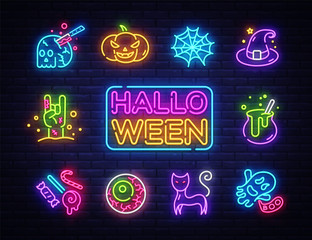 Halloween neon icons set. Happy Halloween collection neon signs. Bright sign boards, light banner. Modern trend design, night light signboard, emblems, design template. Vector Illustration © Ivan