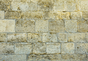 Wall of grey, brown stone blocks background