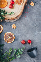 Beautiful Christmas composition in the style of flat bark on a tabletop made of natural stone, using eco-materials and healthy food.