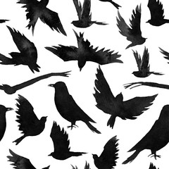 Fototapeta na wymiar many black birds, seamless pattern, monochrome watercolor illustration