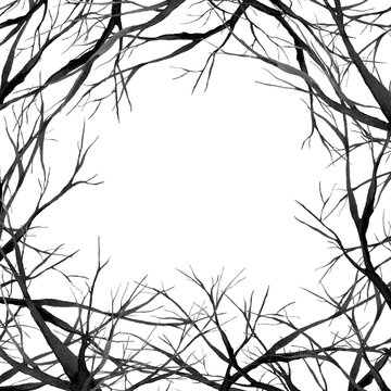 black scary forest, large branches frame, watercolor illustration, background