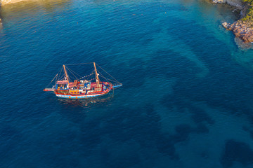 Aerial view of sailing ship on the sea