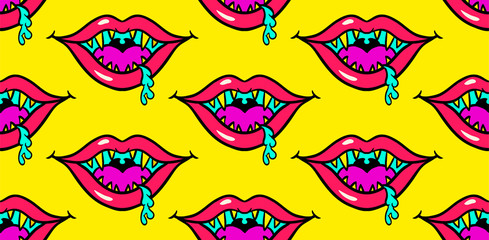 halloween lips with fangs and saliva, seamless psychedelic pattern