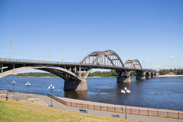 reinforced concrete arched road bridge over the Volga river in Rybinsk.