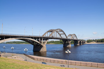 reinforced concrete arched road bridge over the Volga river in Rybinsk.