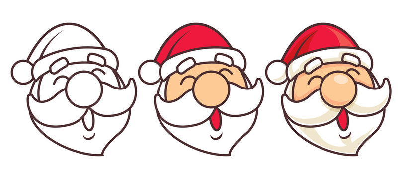 Merry Christmas! Happy Cartoon Santa Claus Head set - vector mascot