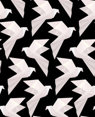 Cotton fabric Seamless texture with paper white origami doves on a black background. Flying free birds. Vector 3d pattern for fabrics, wallpapers and for your creativity.