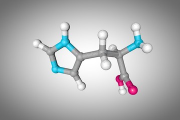 Molecular structure of d-histidine. Atoms are represented as spheres with conventional color coding: carbon (grey), oxygen (red), nitrogen (blue), hydrogen (white). 3d illustration