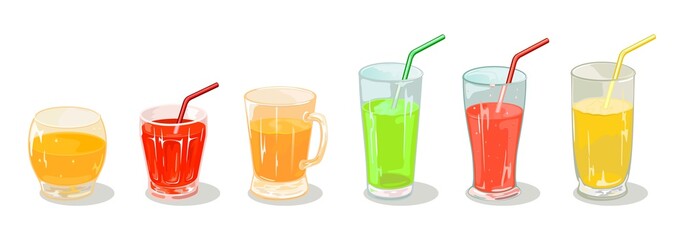 Green, yellow, orange, red beverages in different sized glassware with straws. Multicolor delicious drinks fruit and berry juices, nectars, cocktails, smoothies. Cartoon vector set isolated on white.