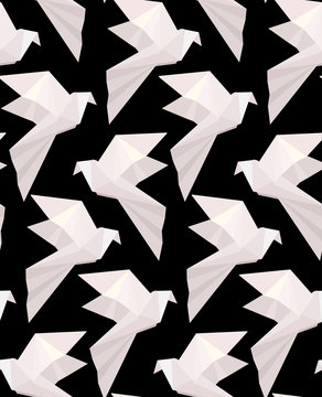 Seamless texture with paper white origami doves on a black background. Flying free birds. Vector 3d pattern for fabrics, wallpapers and for your creativity.