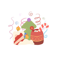 Cristmas and New Year card. Flat design with gift, candle, fir and cup of eggnog with marshmellow. Vector illustration for postcards, stickers, print, gift, poster, banner, flyer and your design.