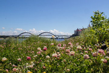 reinforced concrete arched road bridge over the Volga river in Rybinsk.