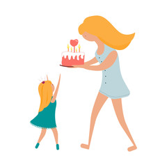 Vector Happy birthday illustration with mom and daughter