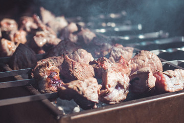 Marinated meat pork being put on barbecue brazier. Cooking meat on the fire concept.