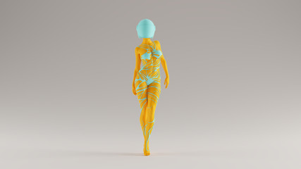 Gulf Blue Turquoise and Orange Alien Witch with Space Crash Helmet Walking Front View 3d Illustration 3d render