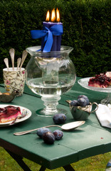 gedeckter Gartentisch, Pflaumen, Kuchen, Kerze,Windlicht,Kugelglas,Blumen,