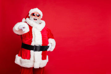 Portrait of his he cheerful cheery fat overweight plump gray-haired bearded man mocking making fool humorous hilarious jokes win winner isolated over bright vivid shine red background