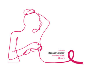 Pink ribbon,womens breast outline vector illustration. One line drawing concept, poster for Pink ribbon, National Breast Cancer Awareness Month.