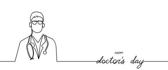 Happy doctors day.Vector continuous line. Hand drawn silhouette of doctor. Banner with quote and tiny text