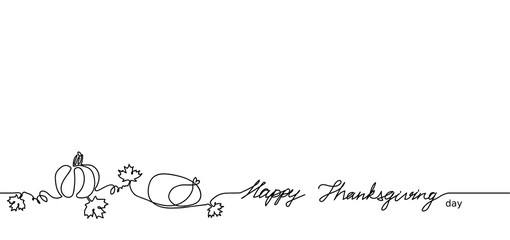 Happy Thanksgiving one single line vector illustration. Pumpkin, maple leaves, turkey. Canada Thanksgiving holiday banner.