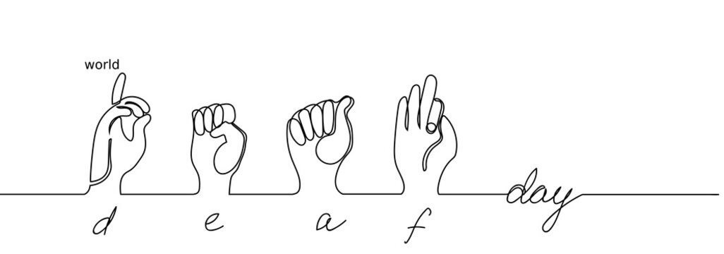 Finger language. World deaf day simple one single line sketch. Continuous hand drawing banner.