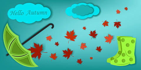 Paper illustration Hello Autumn in origami style. Cartoon umbrella, rubber boots and leaves. Abstract 3D background.