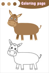 Donkey in cartoon style, coloring page, spring education paper game for the development of children, kids preschool activity, printable worksheet, vector illustration