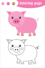 Pig in cartoon style, coloring page, spring education paper game for the development of children, kids preschool activity, printable worksheet, vector illustration