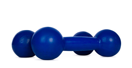 Close up studio shot of set of blue dumbells, isolated on white background.