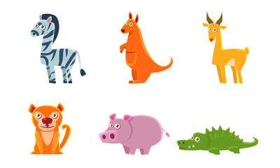 Collection of Cute Exotic Animals, Zebra, Kangaroo, Antelope, Boar, Crocodile Vector Illustration
