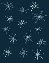 Naklejka na ściany i meble Snow background on dark blue. Hand drawn set snowflakes. Concept - winter. xmax, holidays. 