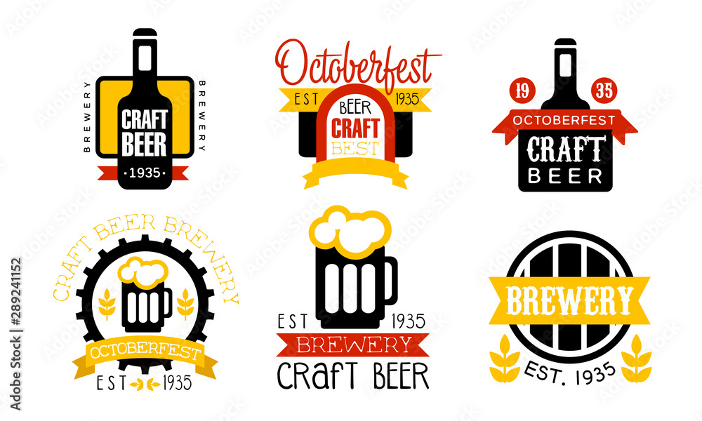 Sticker Brewery Craft Beer Retro Labels Set, Oktoberfest Design Templates Vector Illustration