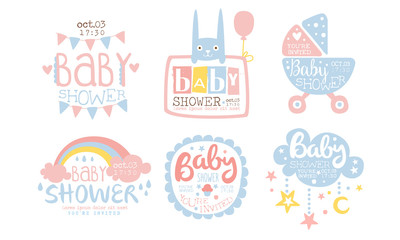 Baby Shower Invitation Templates Set, Cute Design Elements for Boy or Girl Newborn Celebration Party Vector Illustration