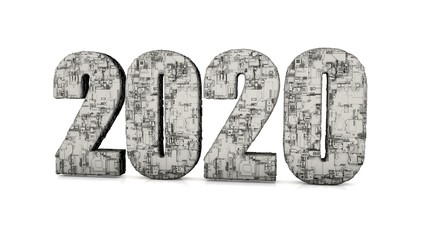 3D rendering of 2020 new year symbol text isolated on white background. 3D text illustration with technological surface, the idea of development and progress, scientific technologies of the future.