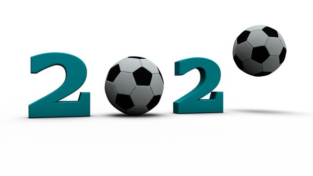 3D rendering of the symbol of 2020 new year which has footballs instead of zeros. The idea of developing sports, the future of a healthy lifestyle. 3D illustration for sports calendars 2020