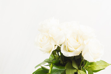 Bouquet of white roses on white background with copy space