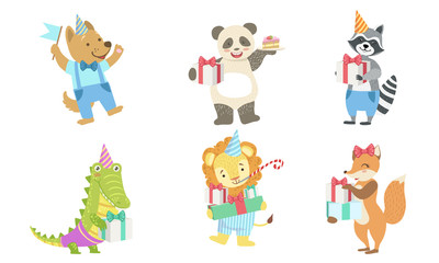 Fototapeta premium Collection of Cute Happy Animals for Happy Birthday Design, Dog, Panda, Raccoon, Crocodile, Lion, Fox, Vector Illustration