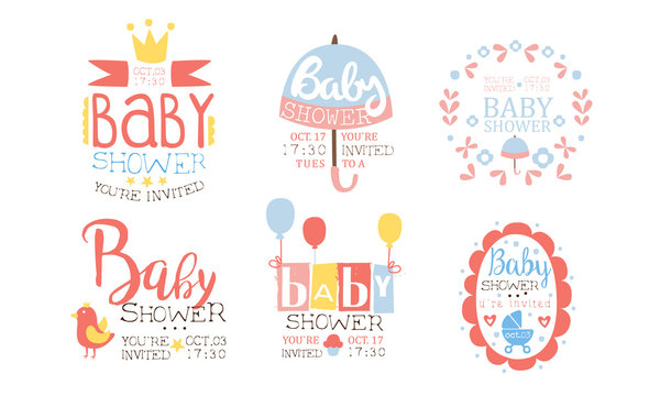 Baby Shower Invitation Templates Set, Cute Design Elements for Newborn Celebration Party Vector Illustration