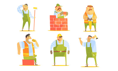 Repairman Cartoon Characters Set, Construction Workers in Uniform and Hardhats with Professional Equipment Vector Illustration