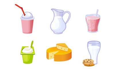 Fresh Delicious Dairy Products Set, Milk, Milkshake, Cheese, Yogurt Vector Illustration