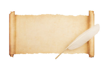 Vintage blank paper scroll isolated on white background with feather.