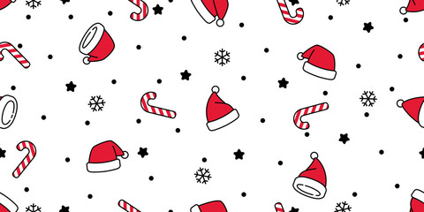 Christmas seamless pattern vector Santa Claus hat snow candy cane snowflake scarf isolated repeat wallpaper tile background gift wrap paper doodle design