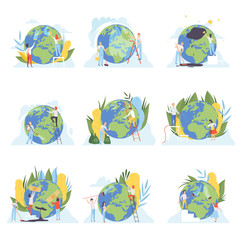 People Cleaning the Earth Planet Set, Volunteers Taking Care About Planet Ecology, Environment, Nature Protection Flat Vector Illustration