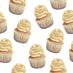 Vector seamless pattern of a crumbly, gentle wet biscuit cupcake with stunning cream soft air cheese cream, beige color, taste like creme brulee. Light-blue paper cake mold got wet from the juiciness