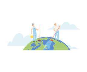 People Cleaning the Earth Planet with Cleaning Equipment, Volunteers Taking Care About Planet Ecology, Environment, Nature Protection Flat Vector Illustration